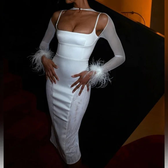 knee length dresses for ladies Mesh Off The Shoulder Gown With Feathers in Black Black main image 0